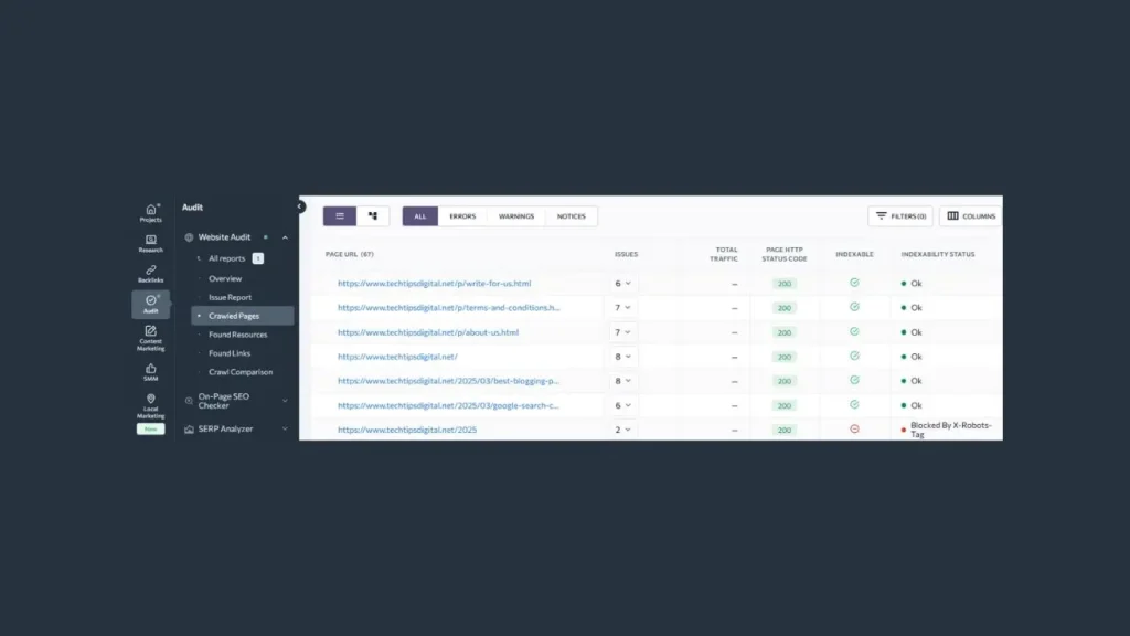 تقرير الصفحات التي تم الزحف إليها في أداة SE Ranking