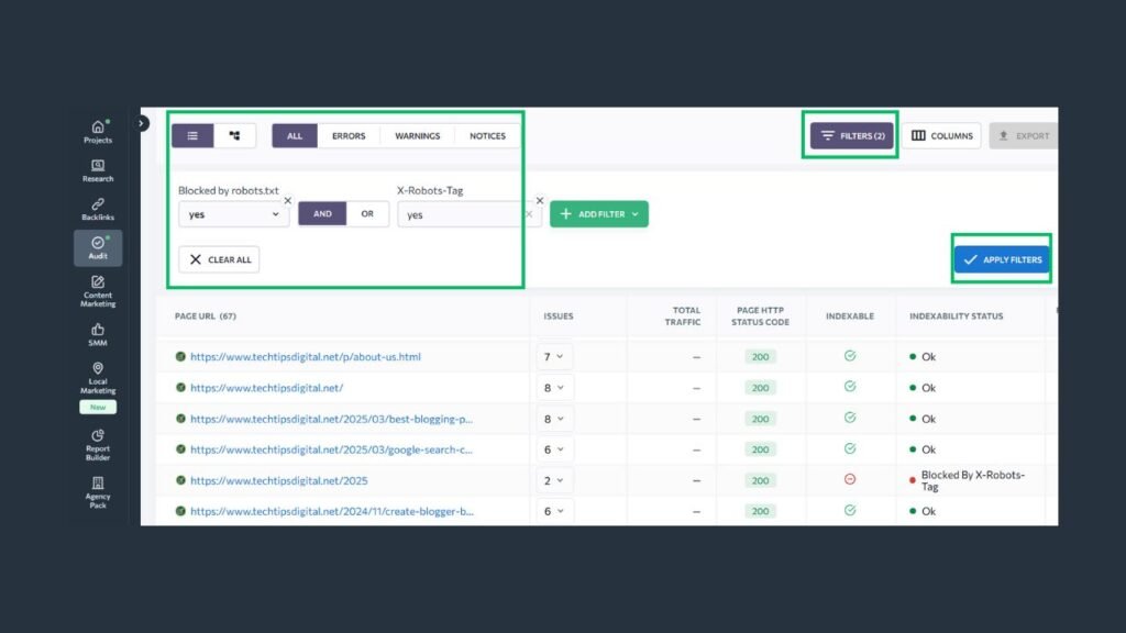 تصفية قائمة الصفحات في SE Ranking