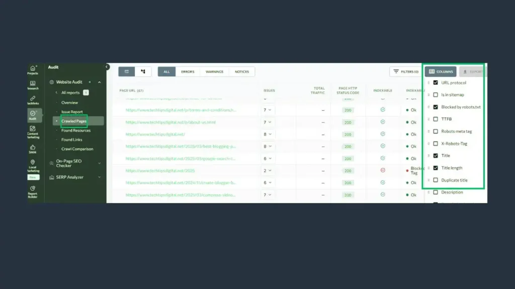 تقرير SE Ranking بيانات الصفحة التي تم الزحف إليها