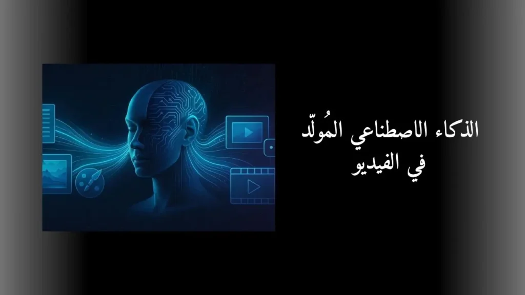 مشهد حديث يظهر رأسًا بشريًا نصفه رقمي ونصفه عضوي، تتدفق منه خيوط بيانات تتحول إلى نصوص ولوحات فنية وفيديوهات، في خلفية داكنة ونص مكتوب الذكاء الاصطناعي المُولّد في الفيديو