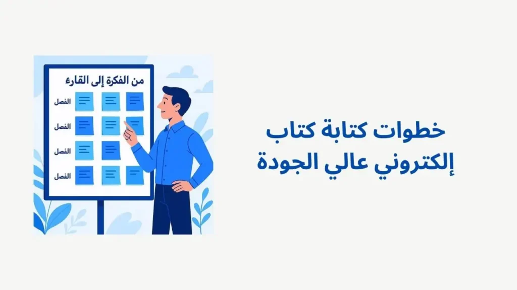 مخطط كتاب على السبورة البيضاء، وملاحظات لاصقة مرتبة حسب الفصل، مع شخصية تشير إلى خطة واضحة بعنوان "من الفكرة إلى القارئ"