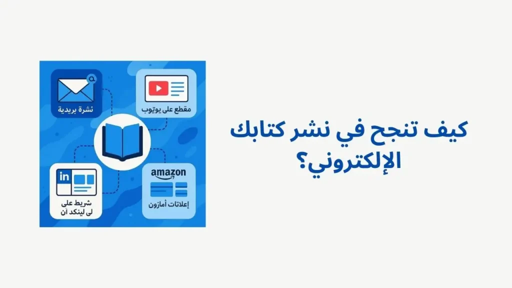 لوحة إستراتيجية مرئية تتميز بقنوات ترويجية متعددة: النشرة الإخبارية عبر البريد الإلكتروني، ومقتطف من YouTube، ومعرض LinkedIn، وإعلانات Amazon — كلها متصلة بأيقونة الكتاب الإلكتروني المركزية