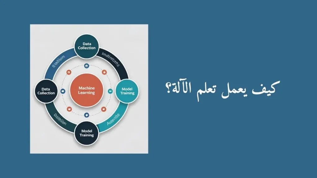 رسم بياني يوضح آلية عمل تعلم الآلة من جمع البيانات إلى تدريب النماذج.